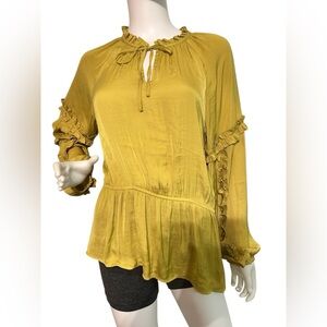 CALLIGRAPHIE Elegant Mustard Ruffle Blouse Size L